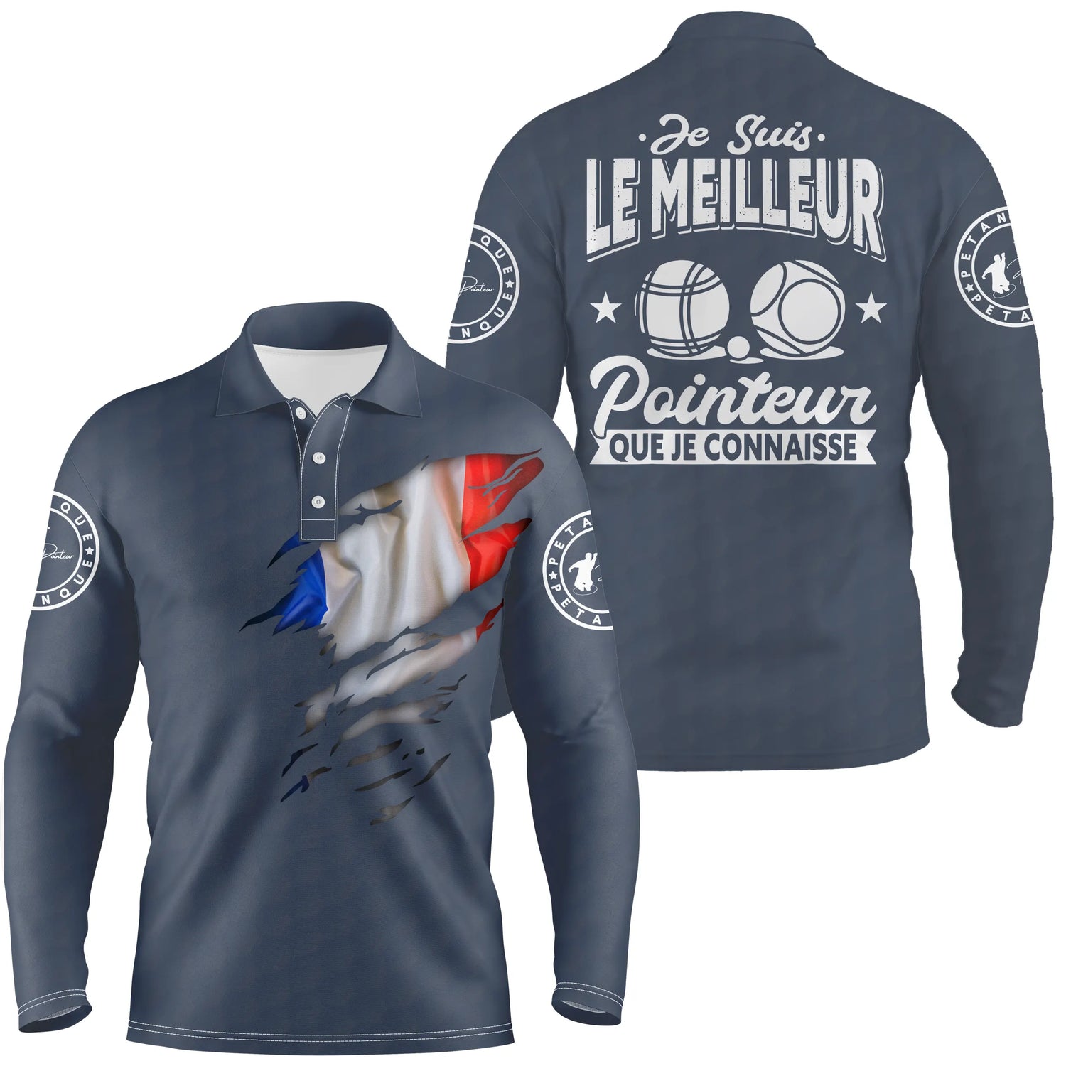 Polo Pétanque, Cadeau Humour Bouliste, Drapeau France, Le Meilleur Pointeur - CT22122211 Polo Manches Longues Unsexe Marine