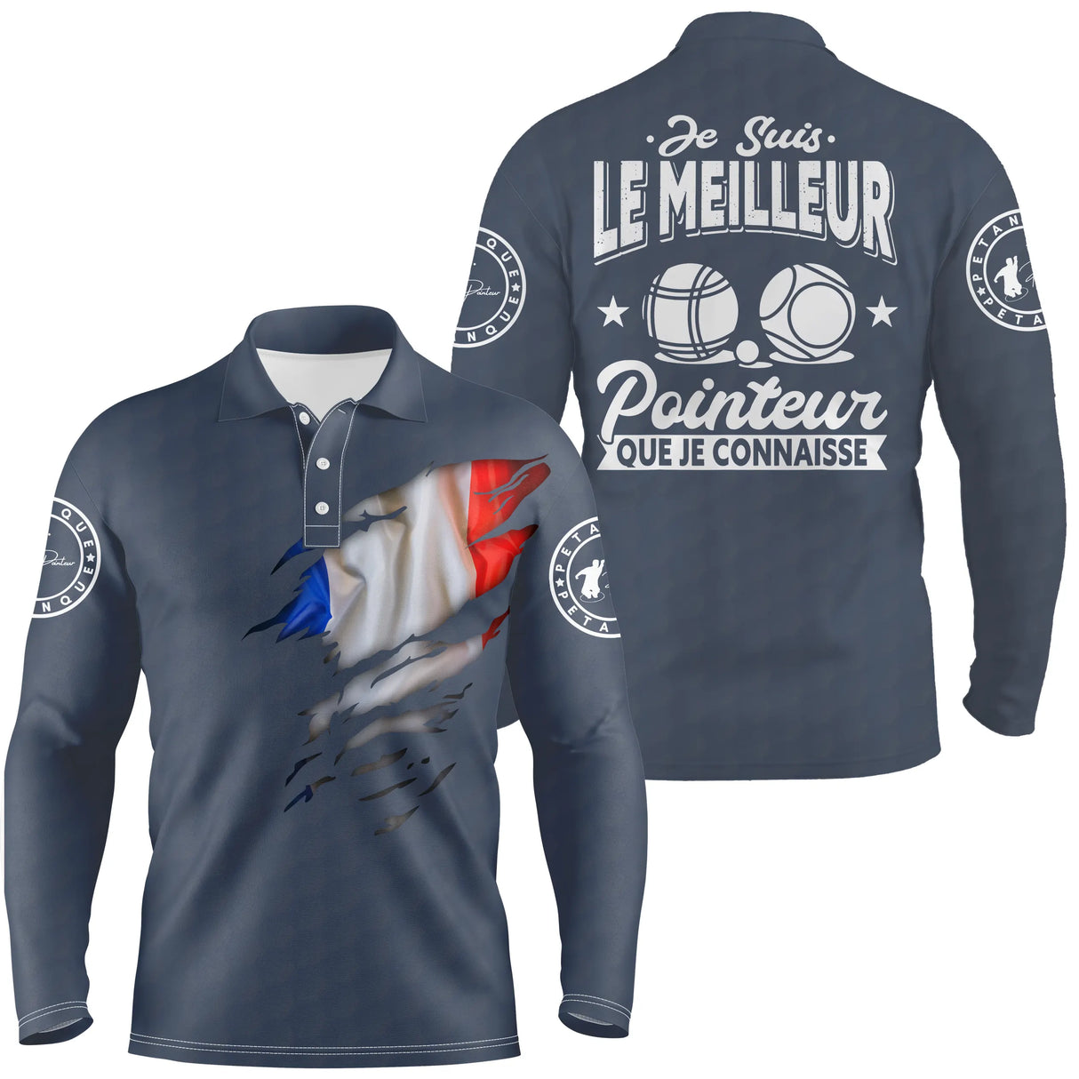 Polo pétanque variante coloris assorti tricolore, drapeau France meilleur pointeur personnalisé
