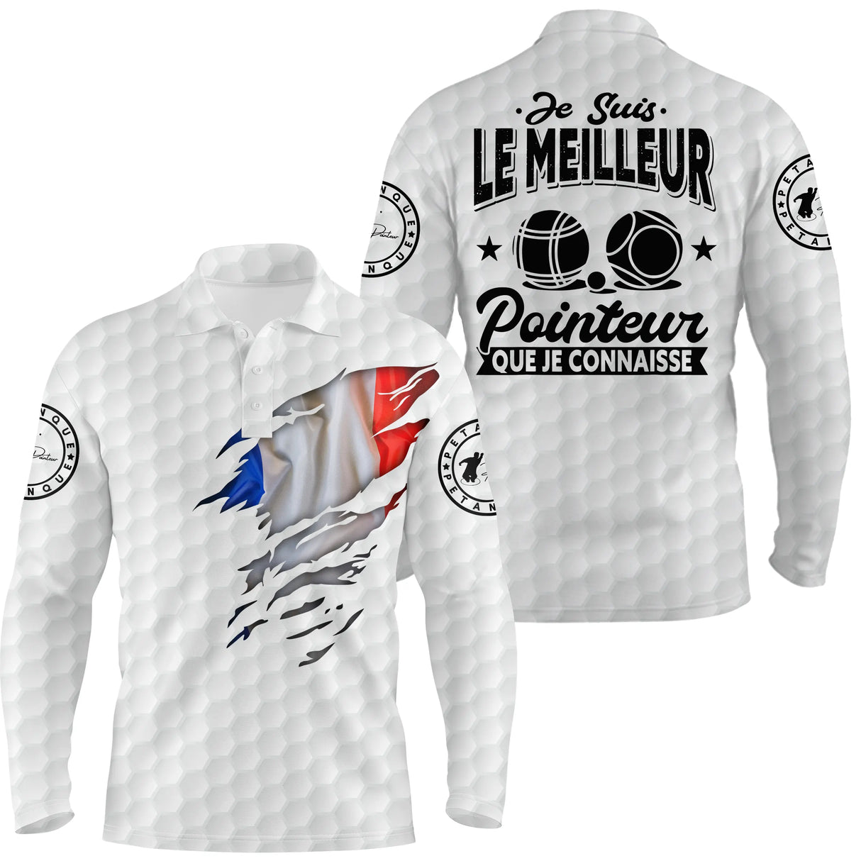 Polo pétanque manches longues coloris alternatif, drapeau tricolore meilleur pointeur personnalisé