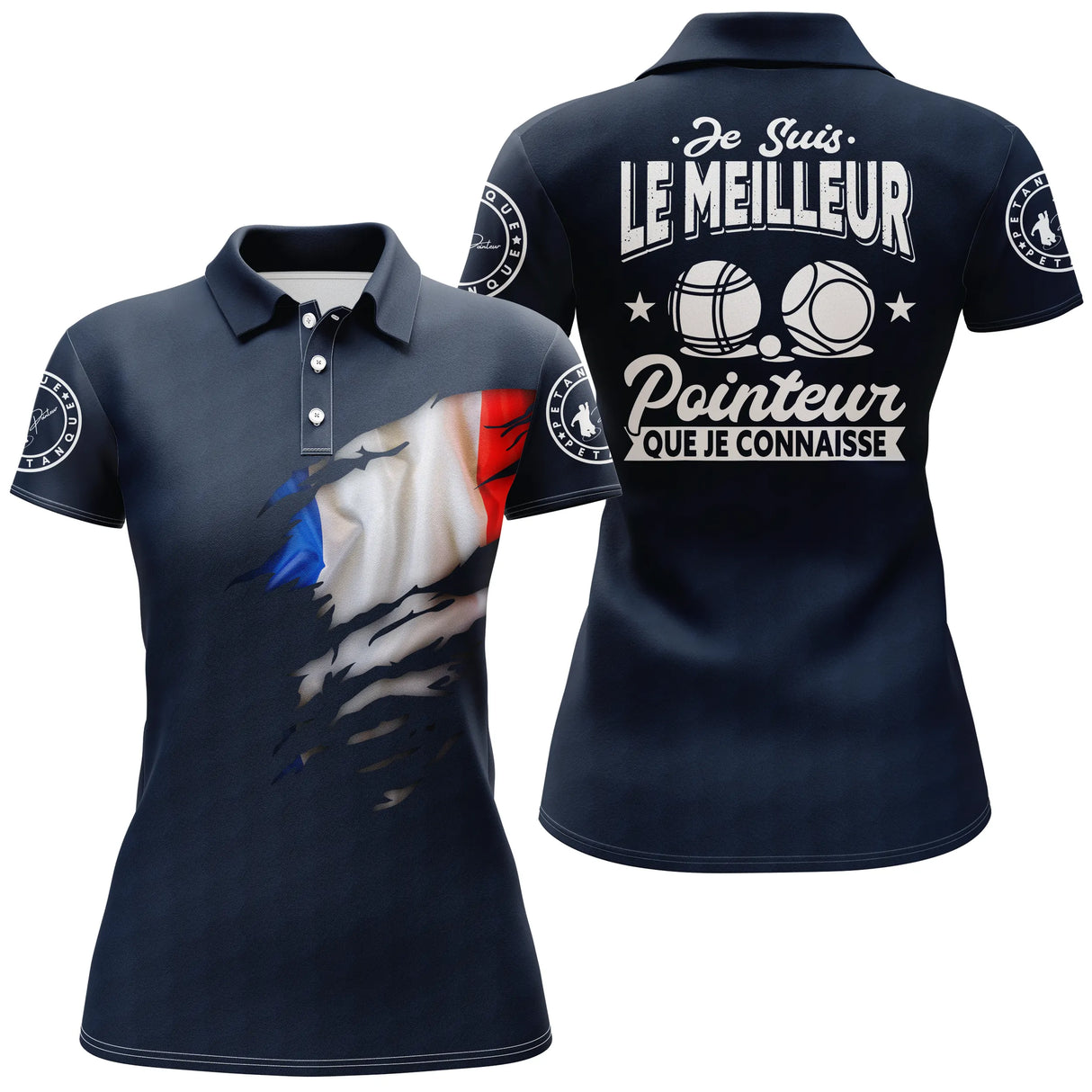 Polo pétanque variante bleu marine tricolore, drapeau France et slogan pointeur que je connaisse personnalisé