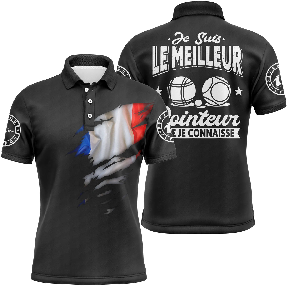 Polo pétanque tricolore France blanc bleu rouge, design meilleur pointeur que je connaisse personnalisé