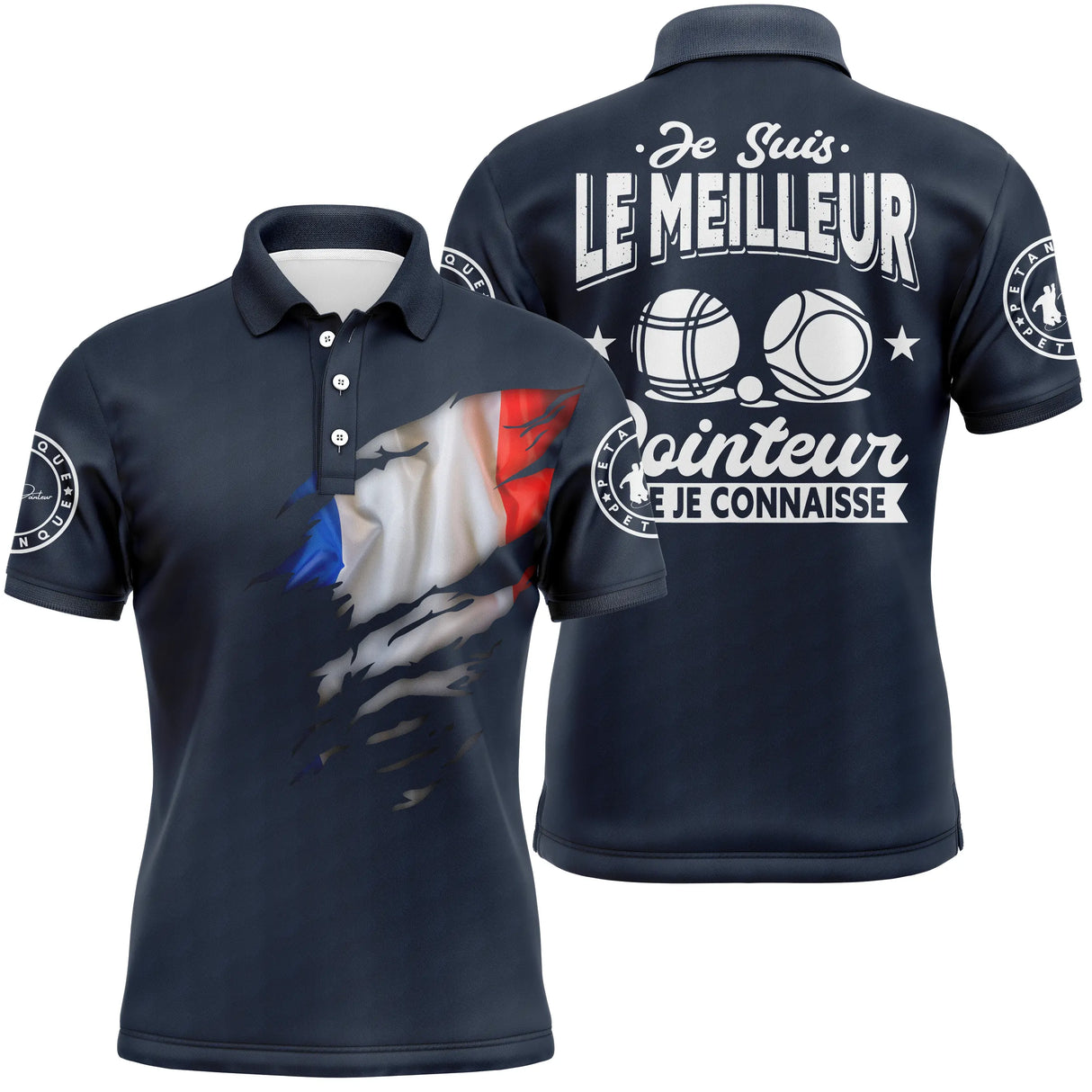 Polo pétanque manches longues blanc tricolore, drapeau France et slogan pointeur personnalisé bouliste
