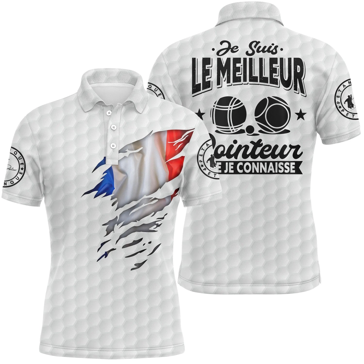 Polo Pétanque, Cadeau Humour Bouliste, Drapeau France, Le Meilleur Pointeur - CT22122211 Polo Homme Blanc