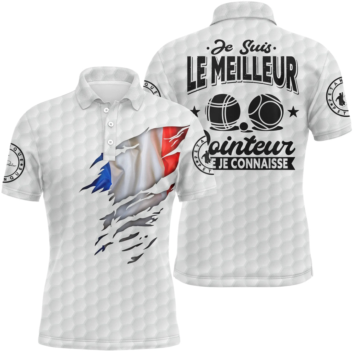 Polo pétanque blanc avec drapeau France déchiré et slogan Je suis le meilleur pointeur, casque graphique central