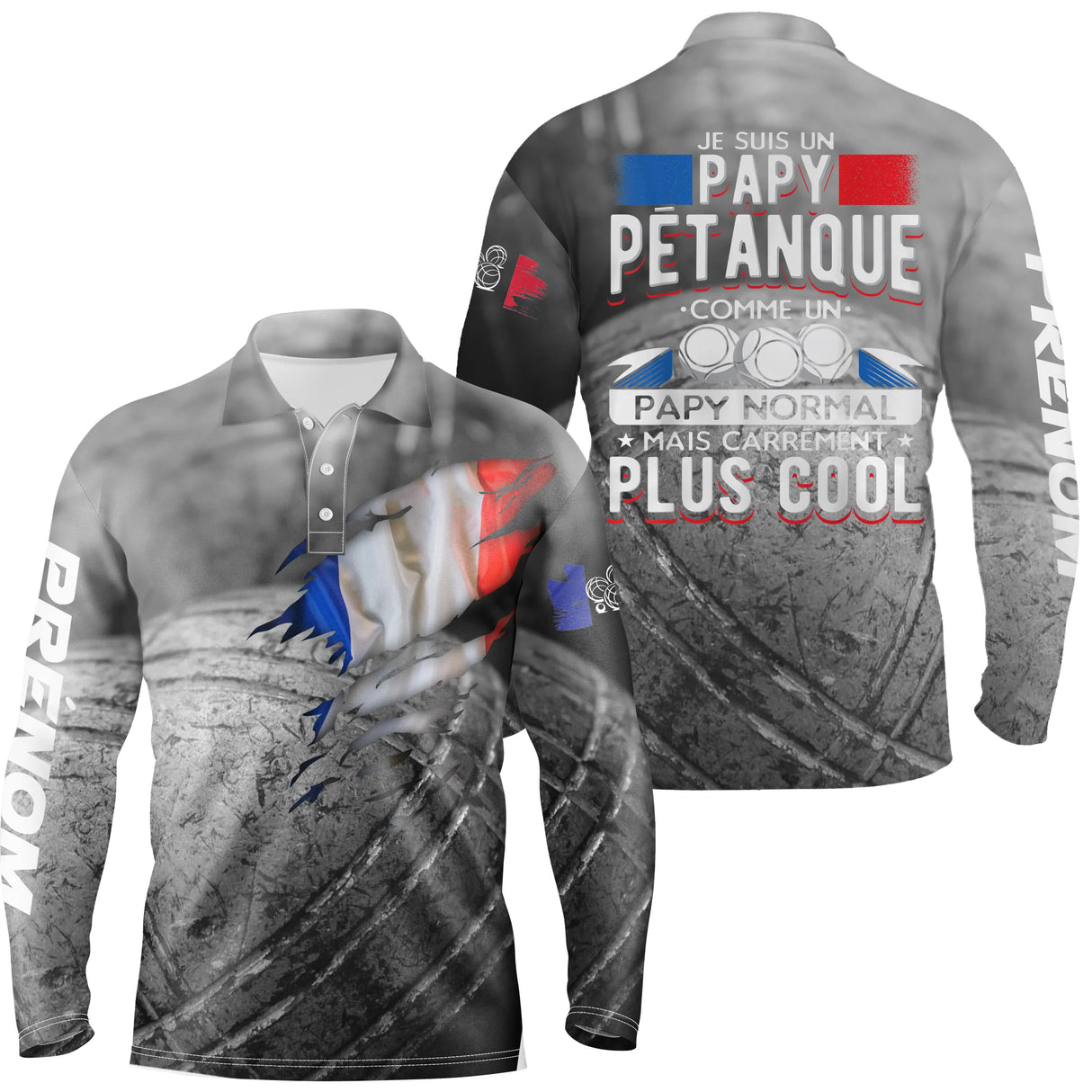 Polo pétanque gris béton vue dos message papy pétanque cool drapeau français tricolore design moderne