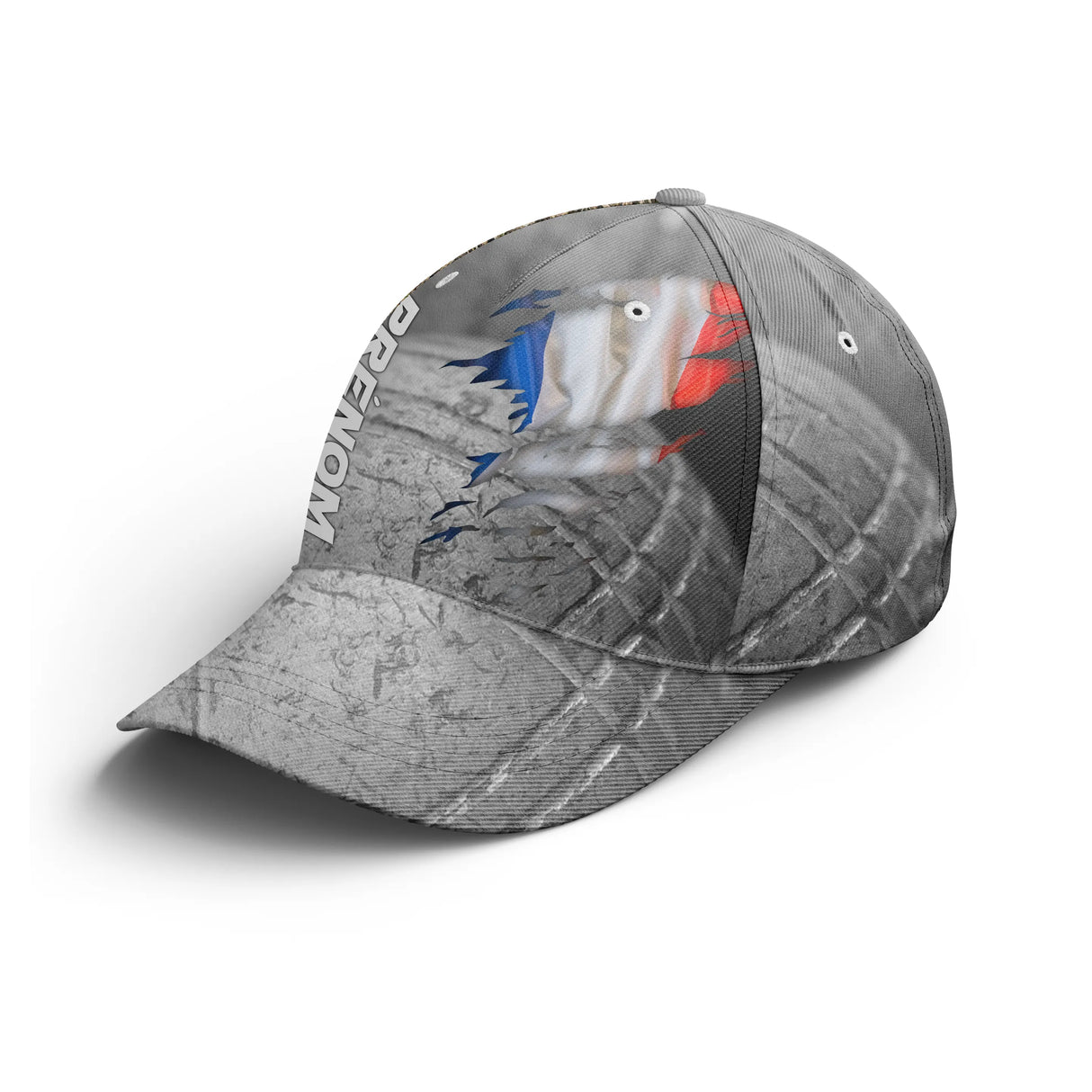 Casquette pétanque grise drapeau france déchiré boules prénom côté broderie bouliste tricolore personnalisée