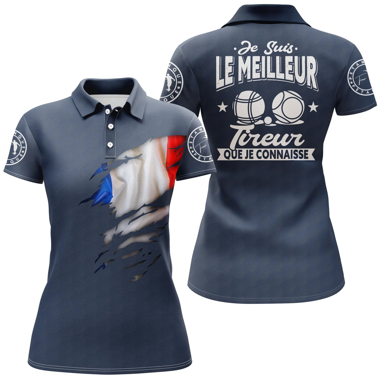 Polo pétanque variante bleu marine tricolore, drapeau France slogan tireur