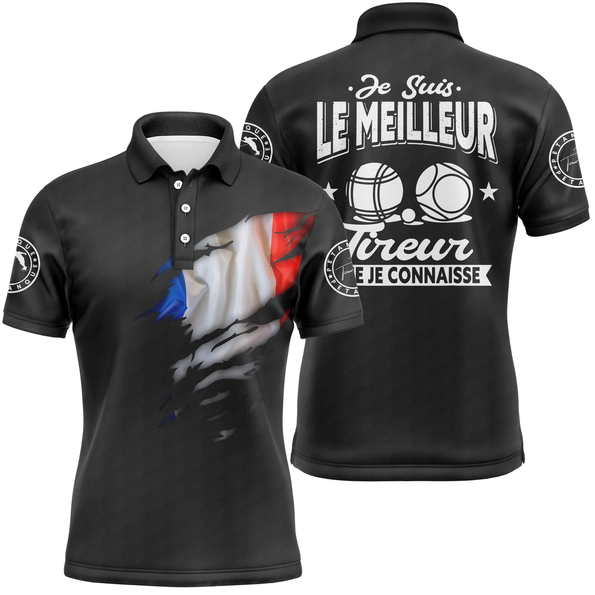 Polo pétanque tricolore France blanc bleu rouge, design meilleur tireur que je connaisse