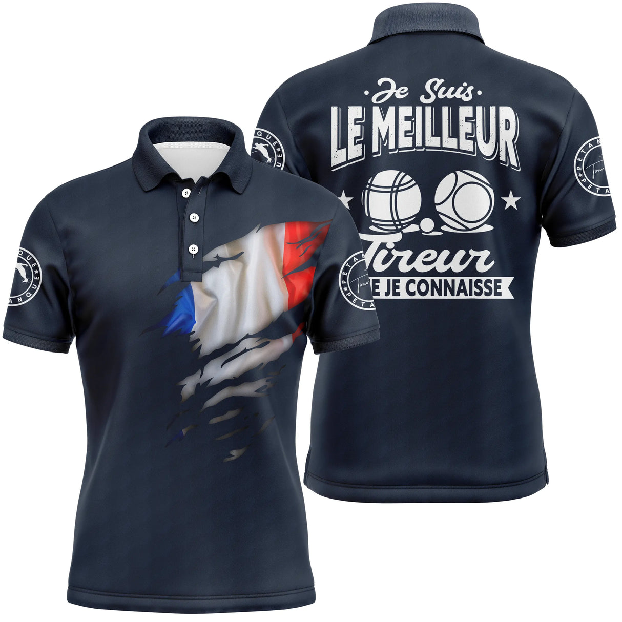Polo pétanque manches longues blanc tricolore, drapeau France et slogan tireur bouliste