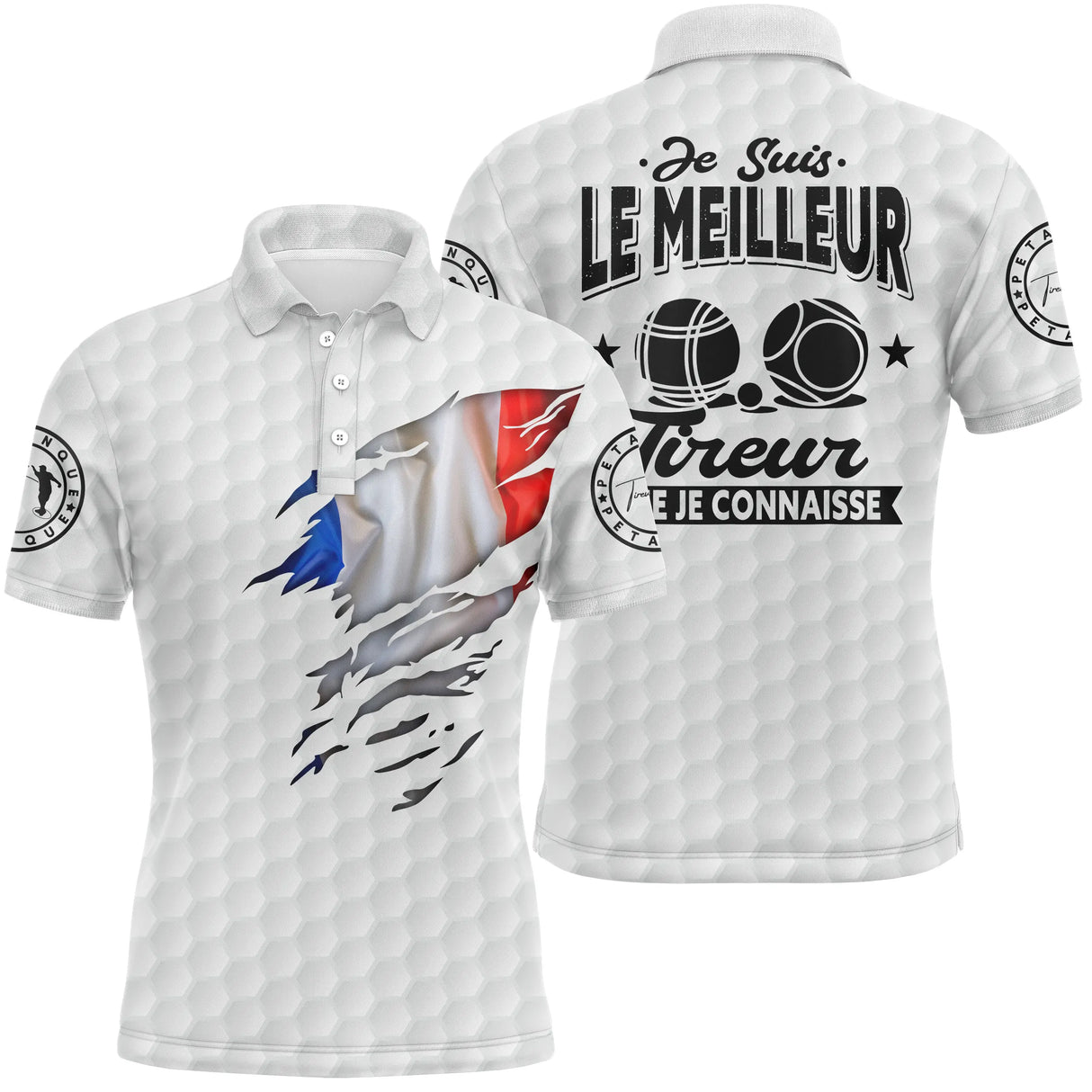 Polo pétanque blanc avec drapeau France déchiré et slogan Je suis le meilleur tireur, boules graphiques centrales