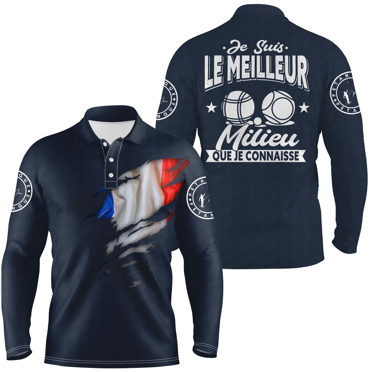 Polo pétanque variante coloris assorti tricolore, drapeau France meilleur milieu