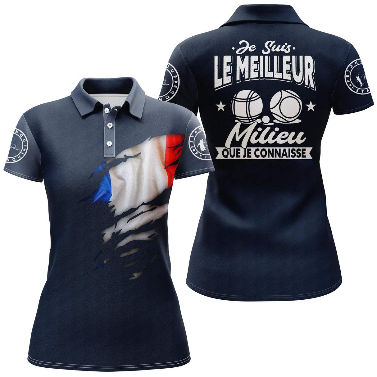 Polo pétanque variante bleu marine tricolore, drapeau France slogan milieu