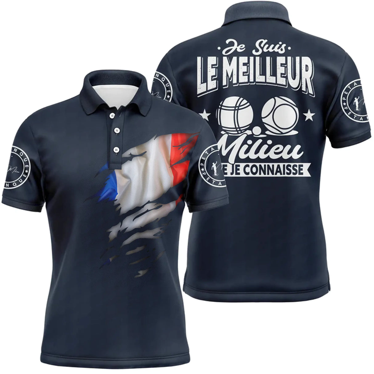 Polo pétanque manches longues blanc tricolore, drapeau France et slogan milieu bouliste
