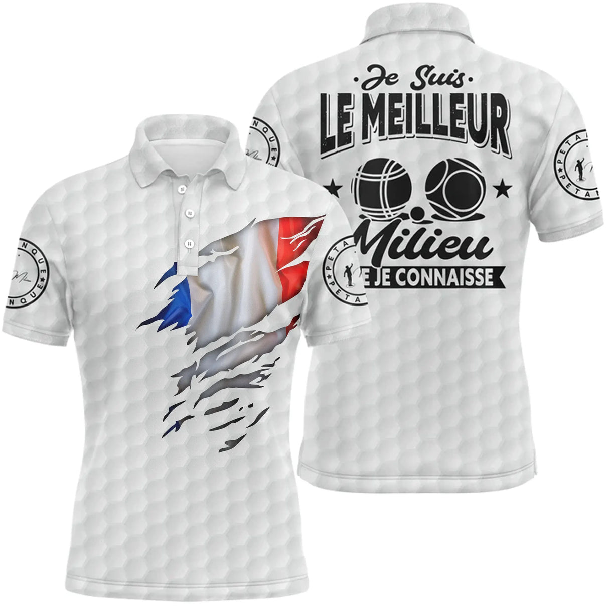 Polo pétanque blanc avec drapeau France déchiré et slogan Je suis le meilleur milieu, boules graphiques centrales