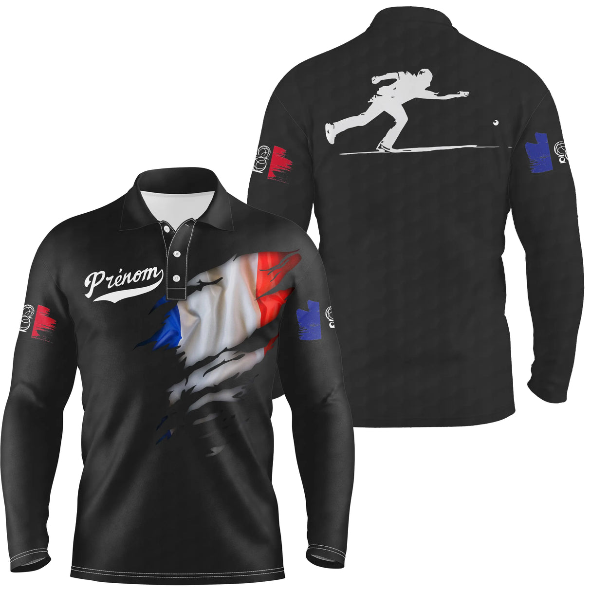 Polo pétanque variante coloris coordonné, drapeau France déchiré silhouette bouliste personnalisé