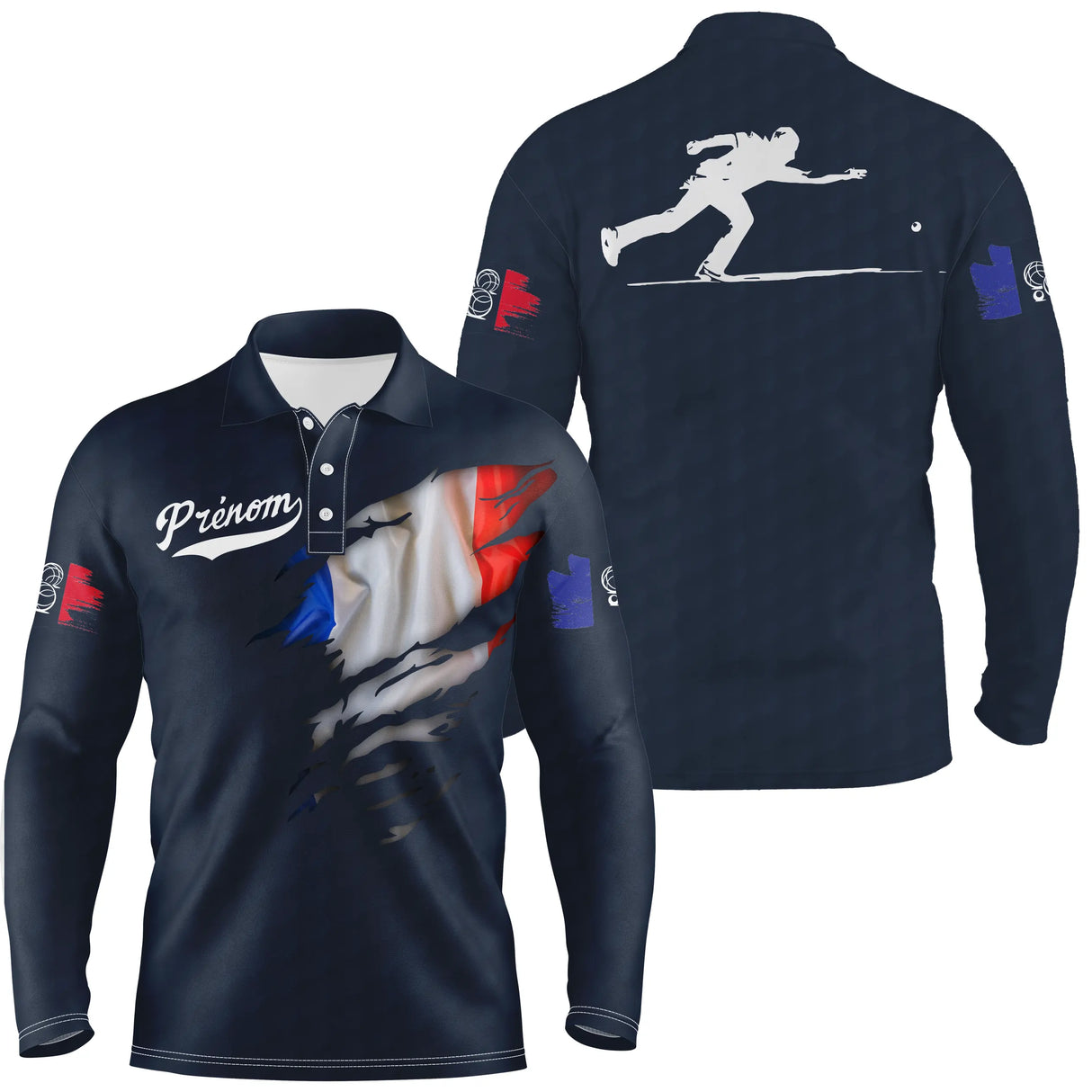 Polo pétanque variante coloris assorti, drapeau France et silhouette bouliste séchage rapide