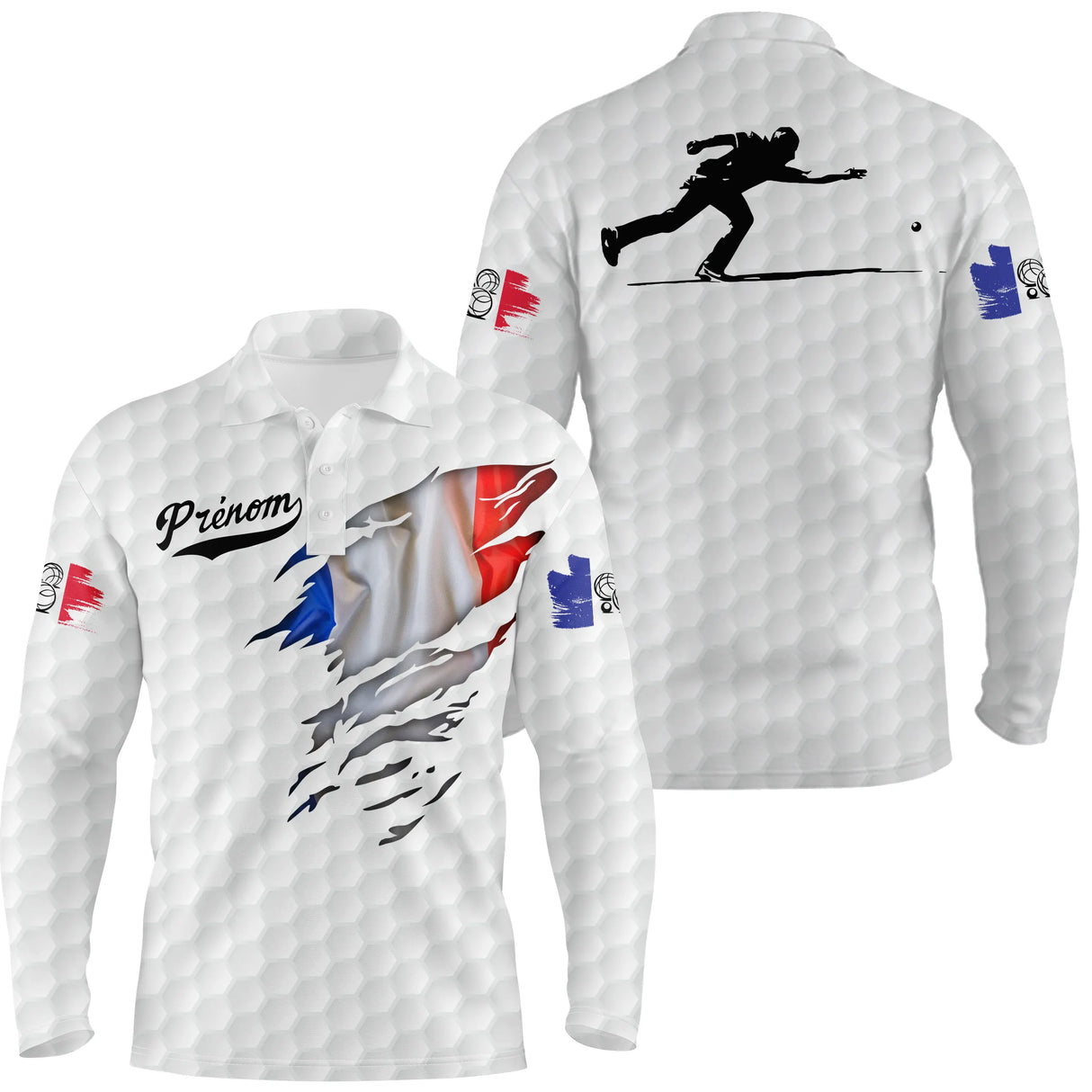 Polo pétanque manches longues coloris alternatif France, drapeau tricolore et silhouette joueur