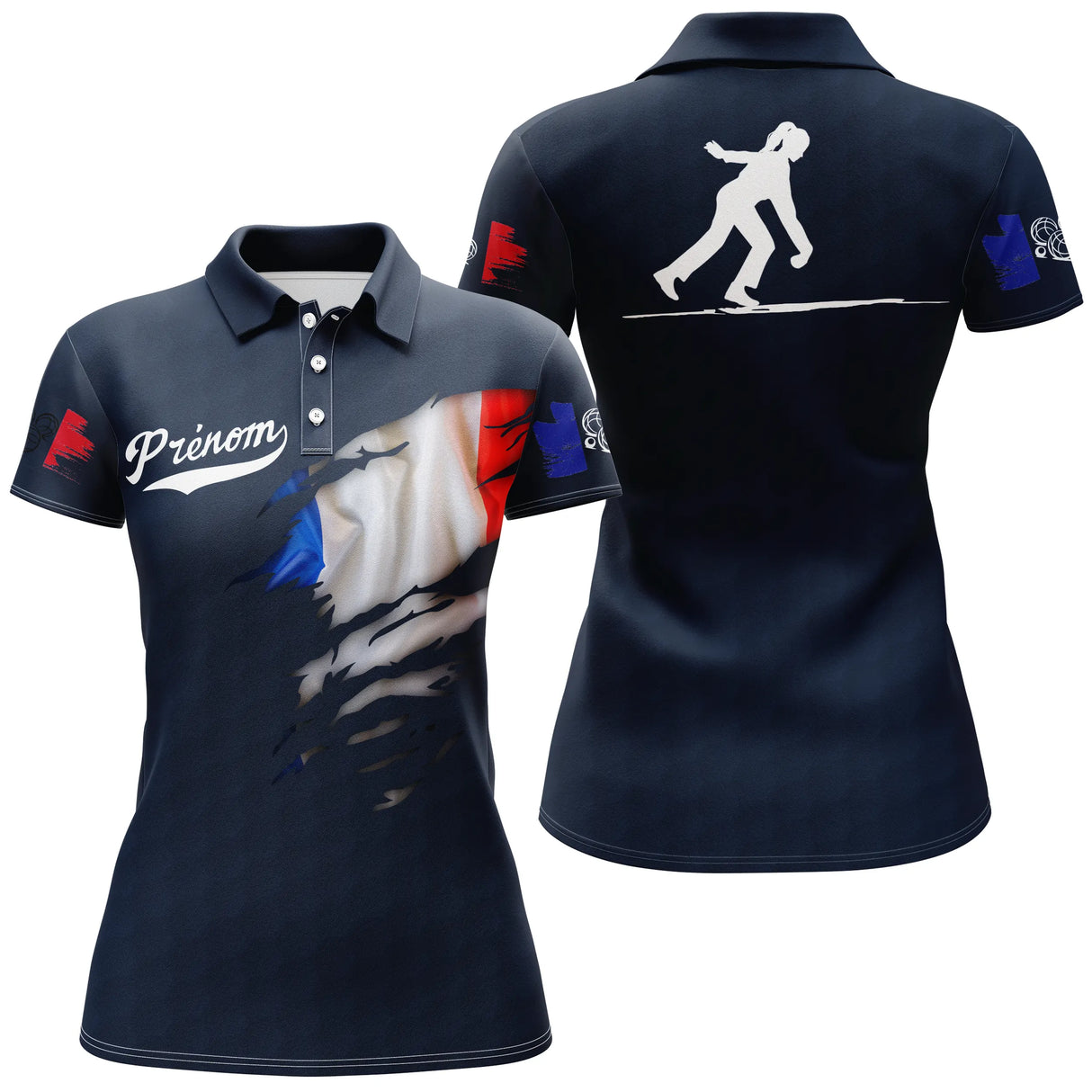 Polo pétanque variante bleu marine, drapeau France et silhouette bouliste en lancer personnalisé