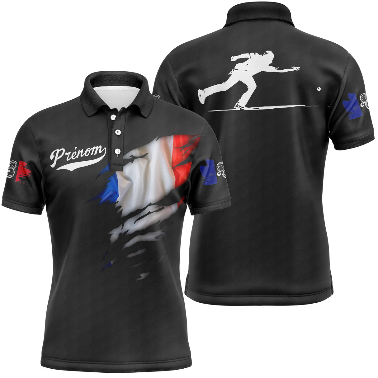 Polo pétanque France blanc tricolore vue alternative, drapeau déchiré et silhouette joueur personnalisé