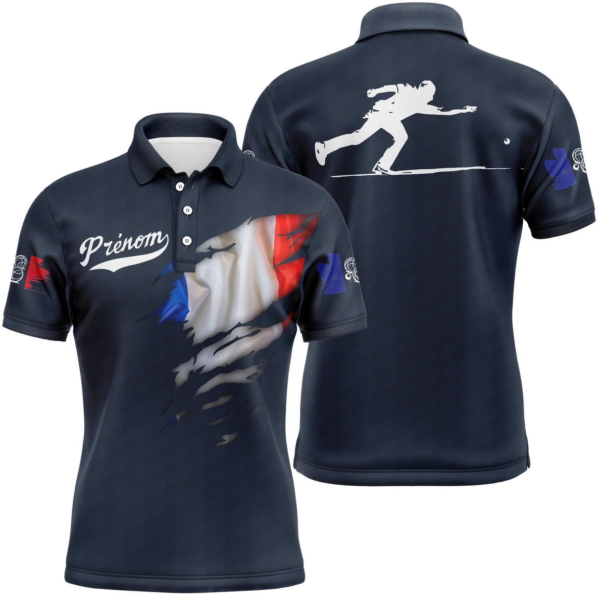 Polo pétanque manches longues blanc tricolore, drapeau France et silhouette bouliste personnalisé