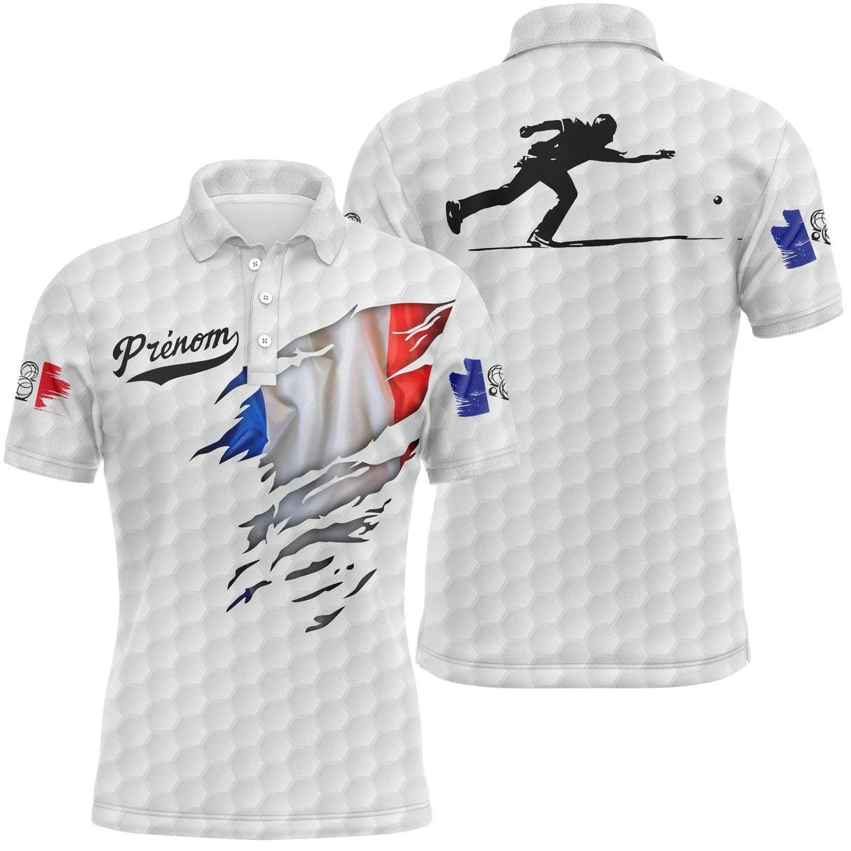 Polo pétanque blanc avec drapeau France déchiré et silhouette de bouliste en lancer, motif balle de golf et prénom