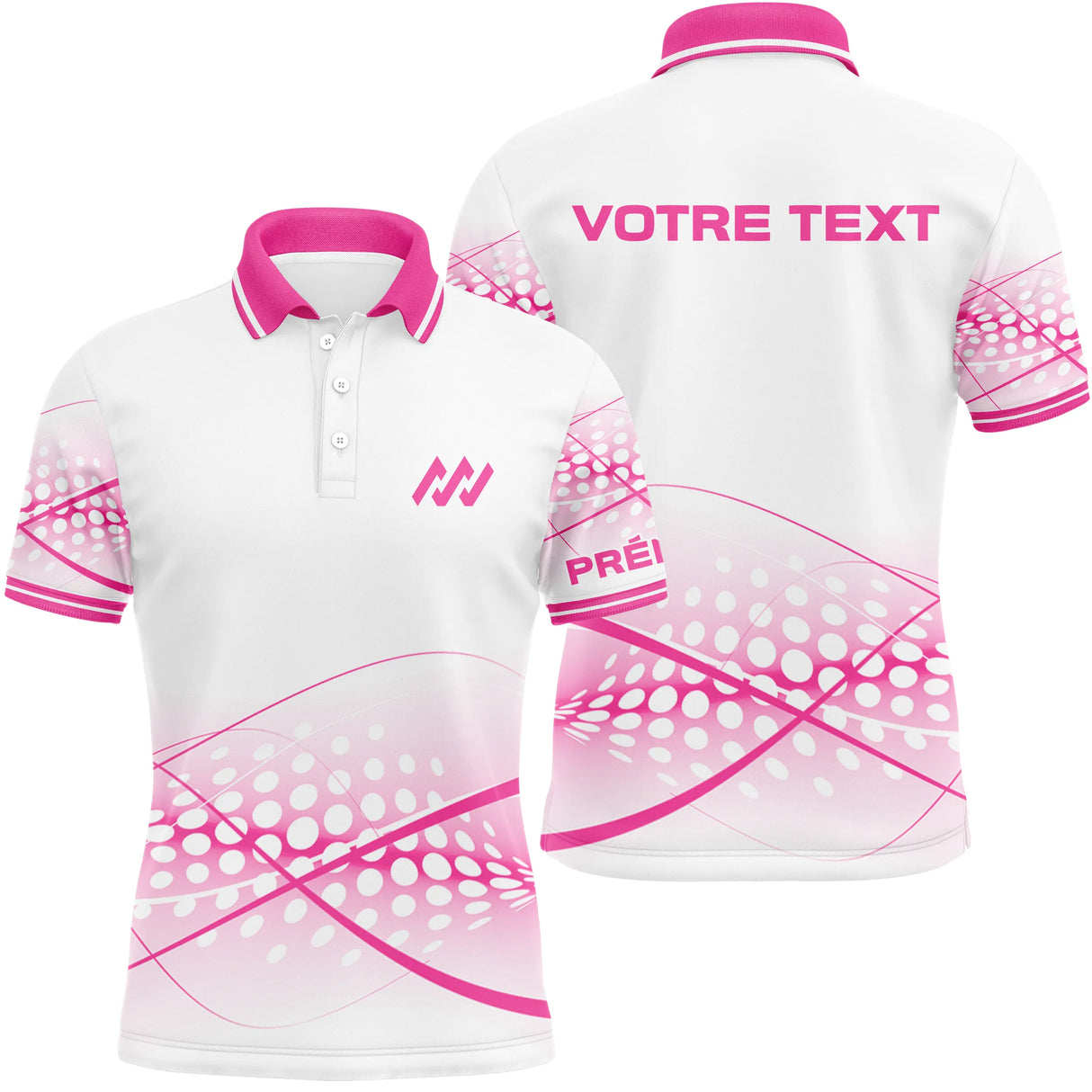 Polo sport personnalisé homme rose et blanc avec courbes roses et motif points dégradés, logo équipe et texte au dos