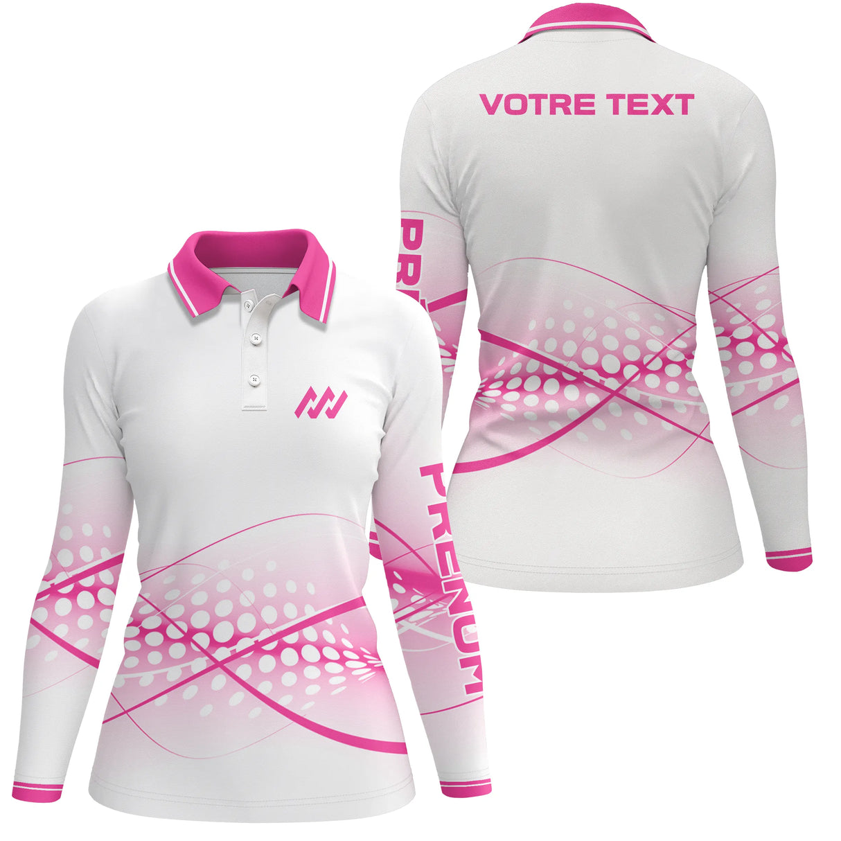 Polo sport manches longues femme rose et blanc en coupe ajustée avec motif points et texte personnalisable