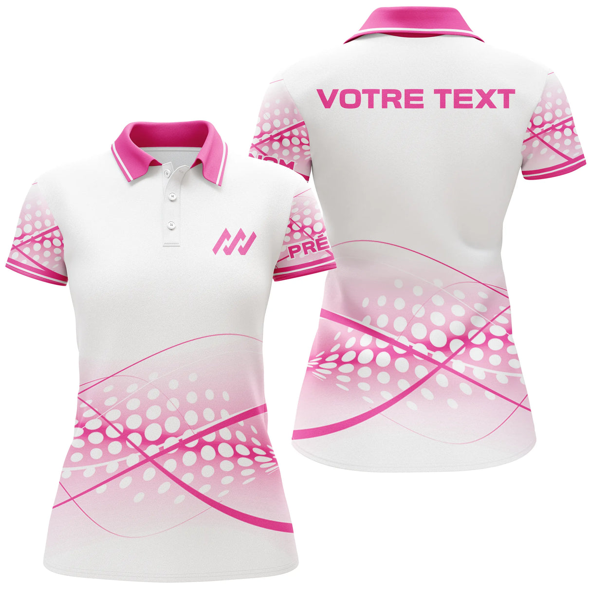Polo sport personnalisé femme rose et blanc en coupe ajustée avec motif points roses et marquage texte personnalisé