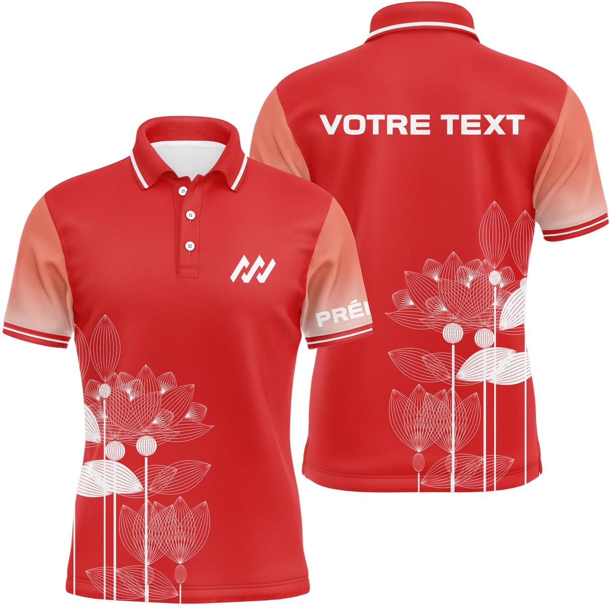 Polo personnalisé homme rouge avec motif fleurs de lotus blanches stylisées et logo équipe sur la poitrine