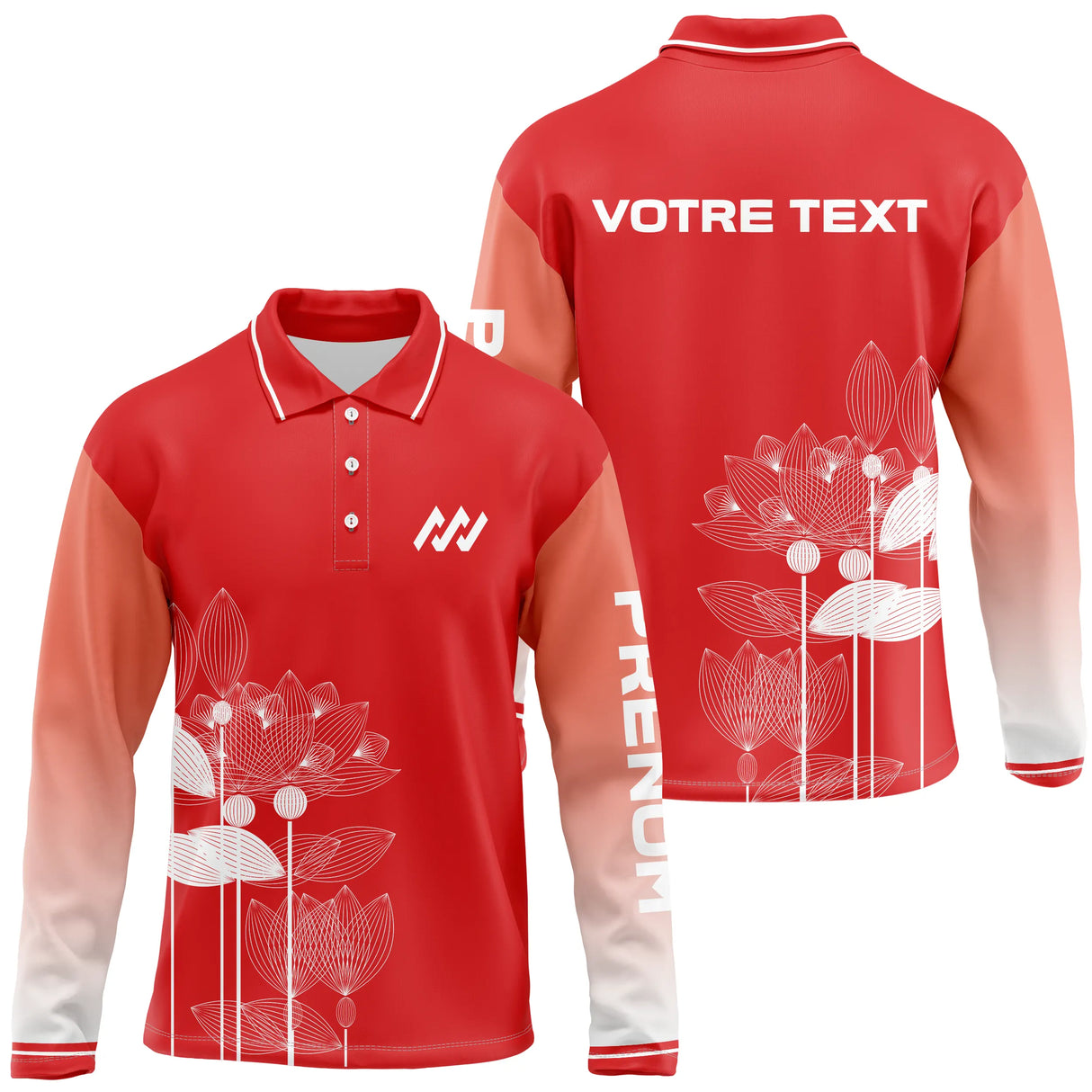 Polo manches longues homme rouge à fleurs de lotus blanches avec logo équipe sur la poitrine