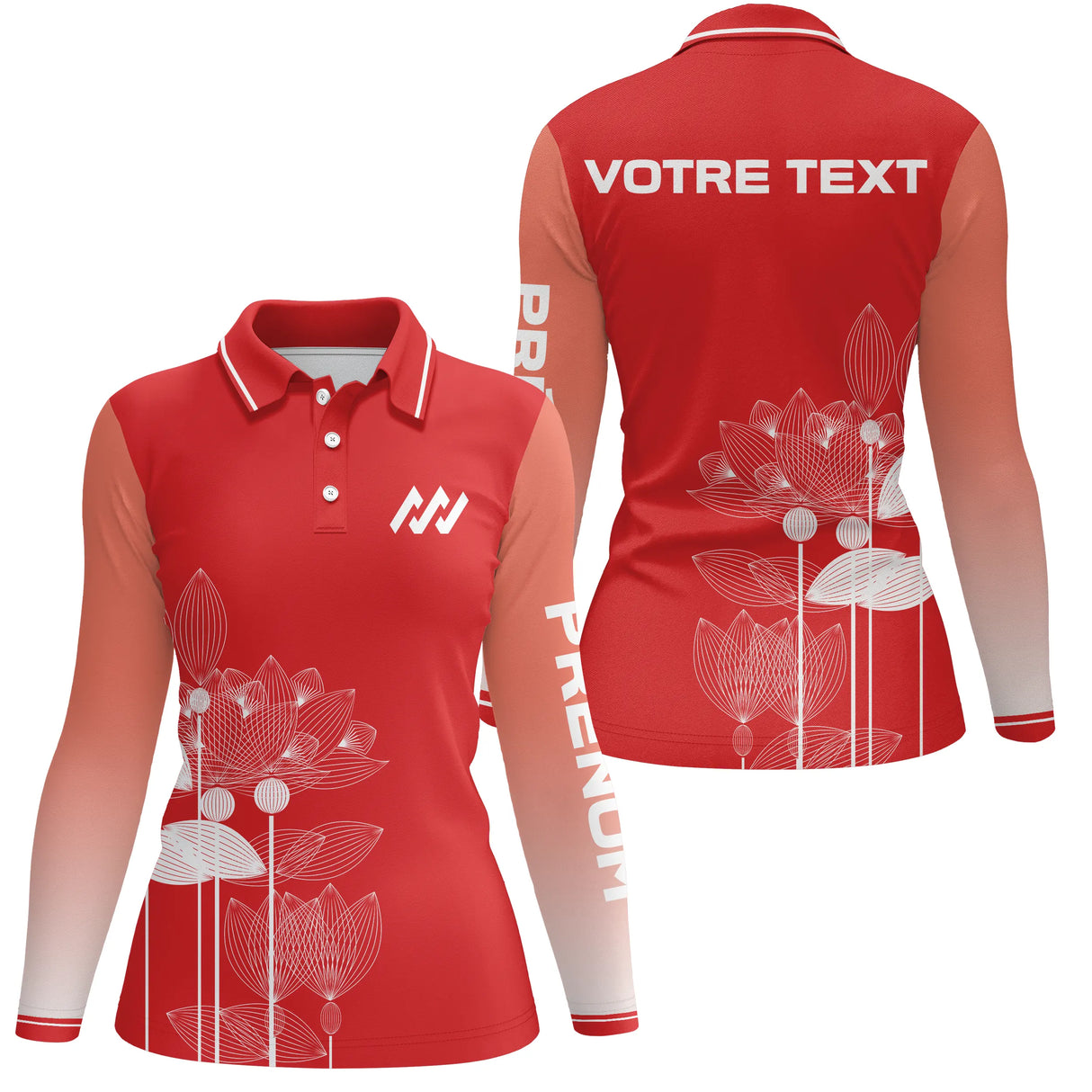 Polo personnalisé rouge à fleurs de lotus – Manches courtes ou longues – Idéal sport & équipe - A11092414 - polo femme manches longues