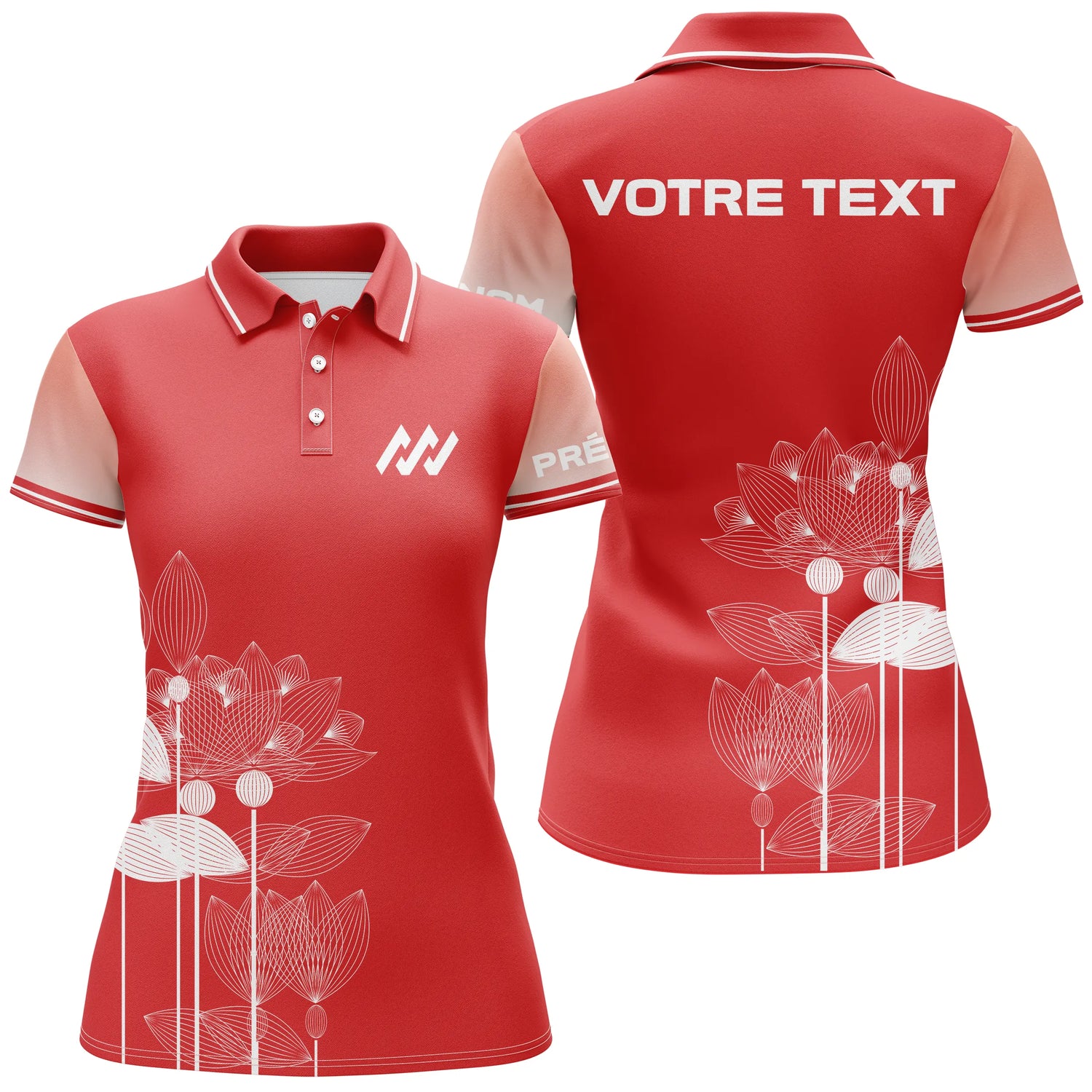 Polo personnalisé rouge à fleurs de lotus – Manches courtes ou longues – Idéal sport & équipe - A11092414 - polo femme
