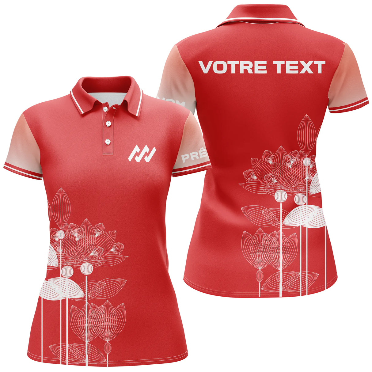 Polo personnalisé femme rouge en coupe ajustée avec motif lotus blanc et texte personnalisable au dos
