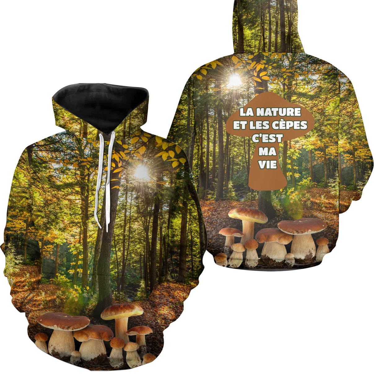 Sweat à capuche all-over avec motif cèpes forêt automne
