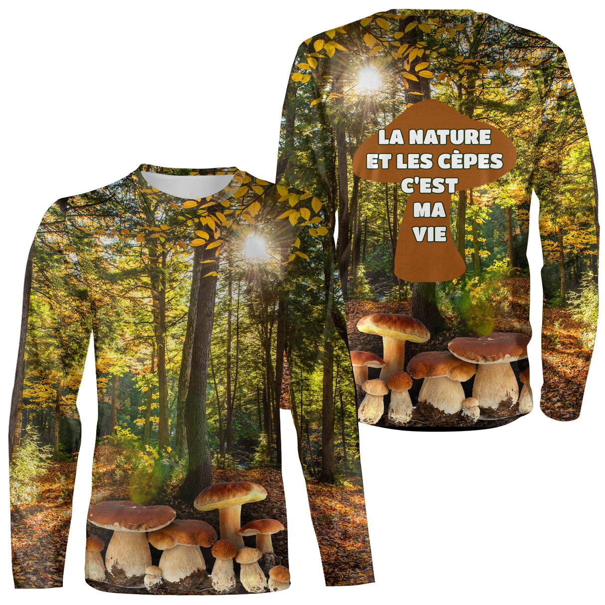 T-shirt all-over manches longues avec forêt et champignons cèpes