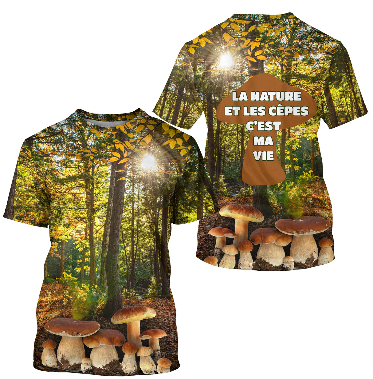 T-shirt all-over unisexe avec forêt automne et cèpes, slogan La nature et les cèpes c'est ma vie