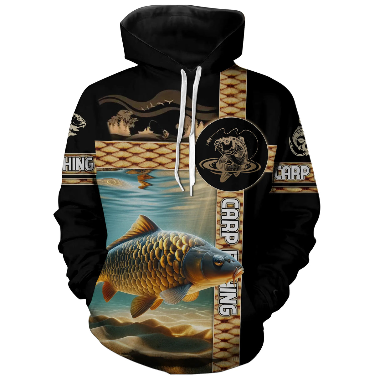 Sweat à capuche pêche carpe noir motif carpe miroir dorée bronze all-over personnalisé prénom carpiste
