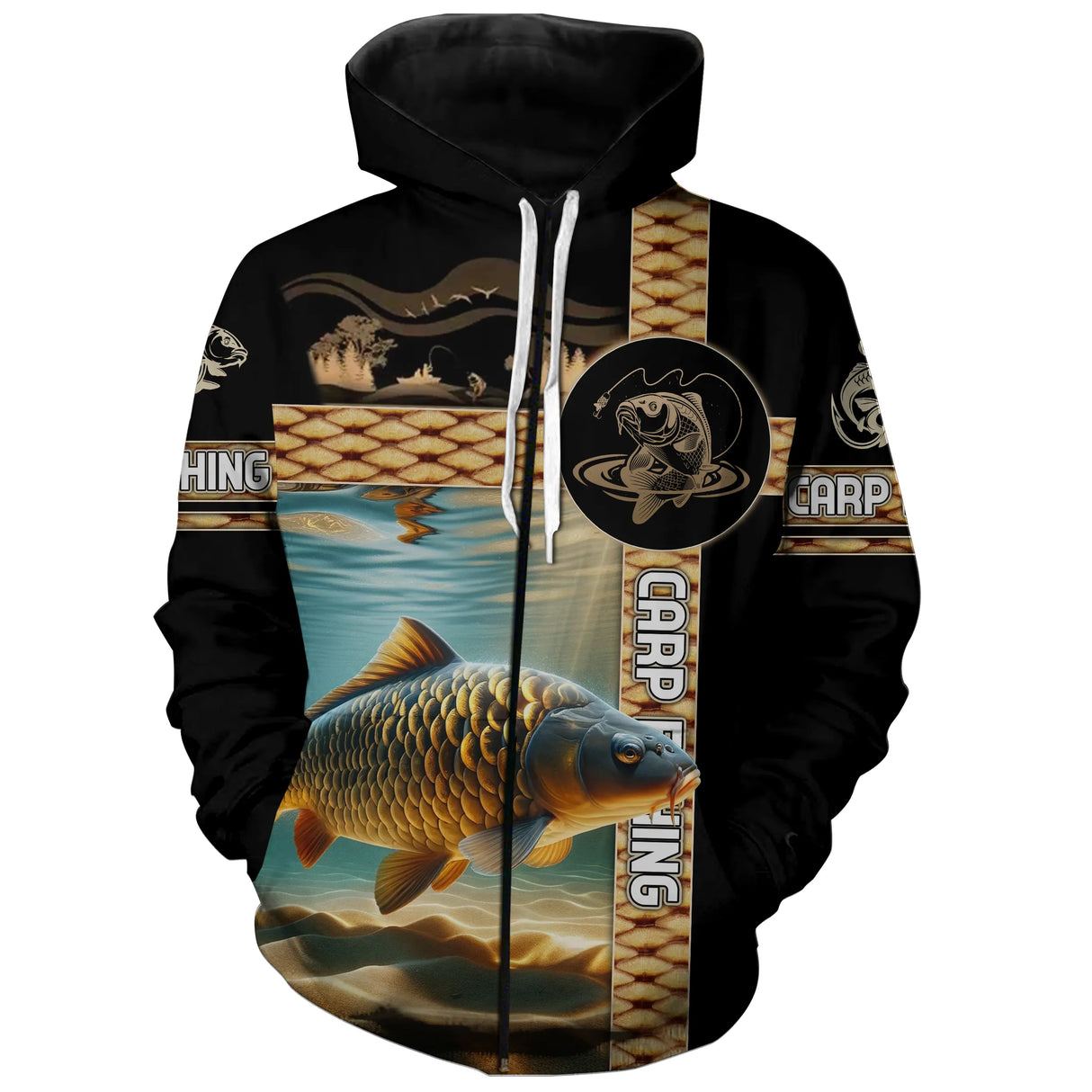Sweat zippé pêche carpe noir motif carpe miroir bronze écailles graphiques all-over prénom carpiste personnalisé