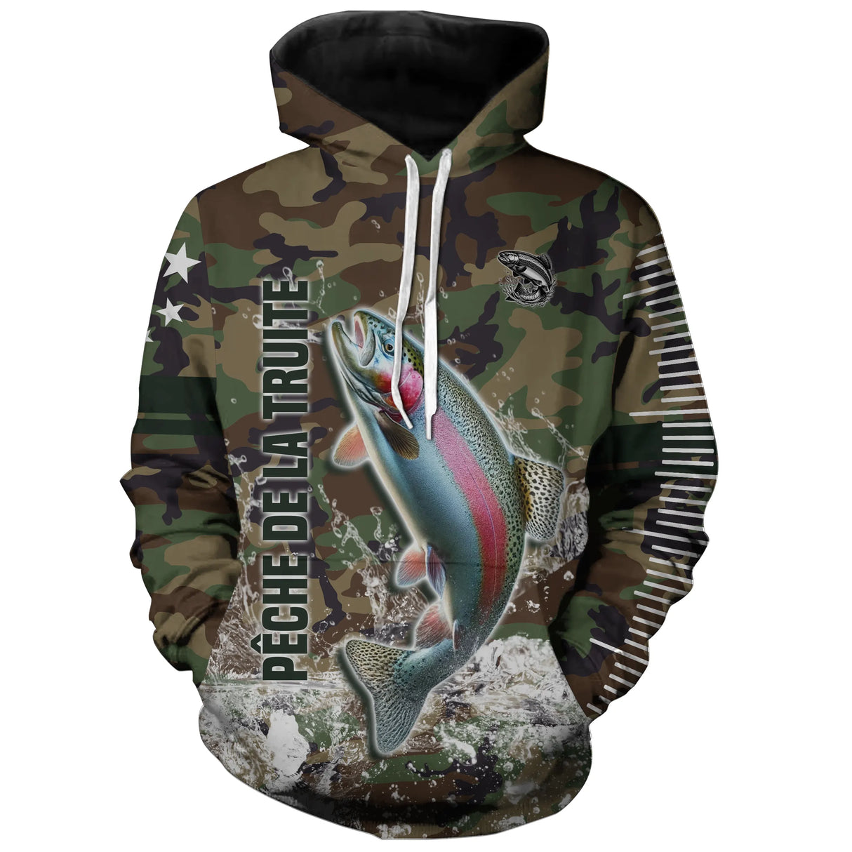 Sweat capuche pêche truite all-over camouflage forêt motif truite arc-en-ciel rose argentée prénom personnalisé
