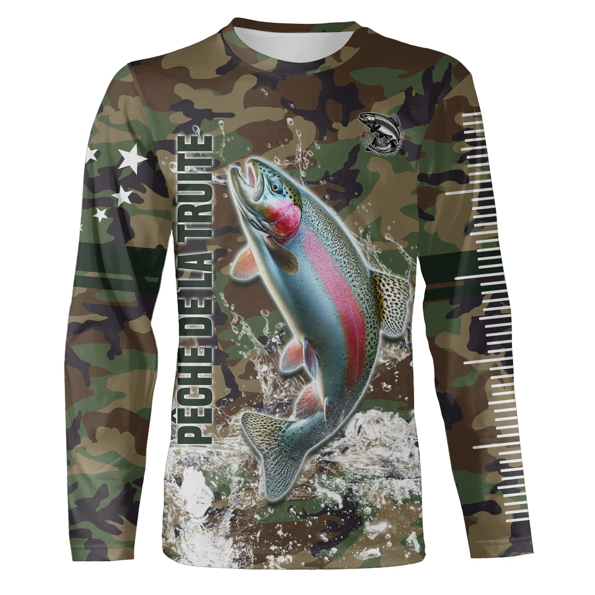 T-shirt manches longues pêche truite all-over camouflage forêt motif truite arc-en-ciel prénom personnalisé