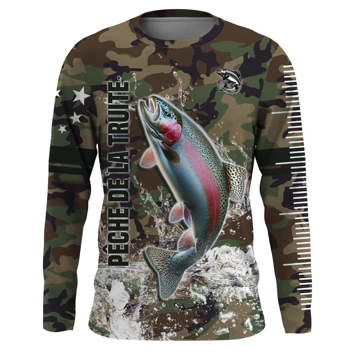 Hoodie pêche truite all-over camouflage forêt vert brun motif truite arc-en-ciel salmonidé prénom personnalisé