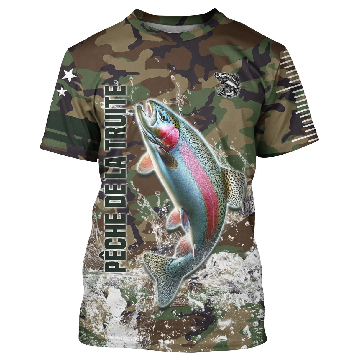 T-shirt pêche truite all-over camouflage forêt vert brun motif truite arc-en-ciel rose argentée prénom personnalisé moucheur