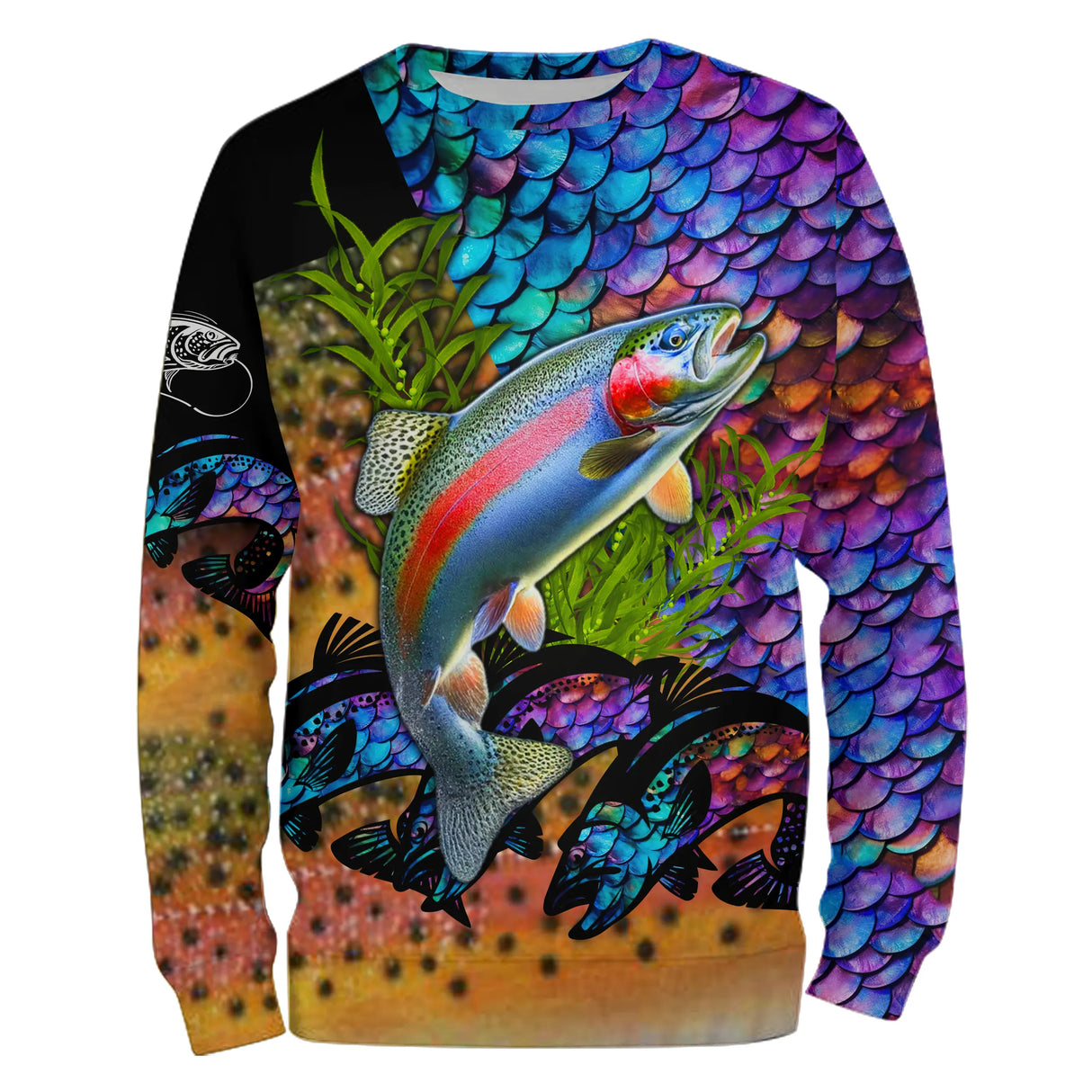Sweater all-over peau de truite arc-en-ciel iridescent violet vert orange