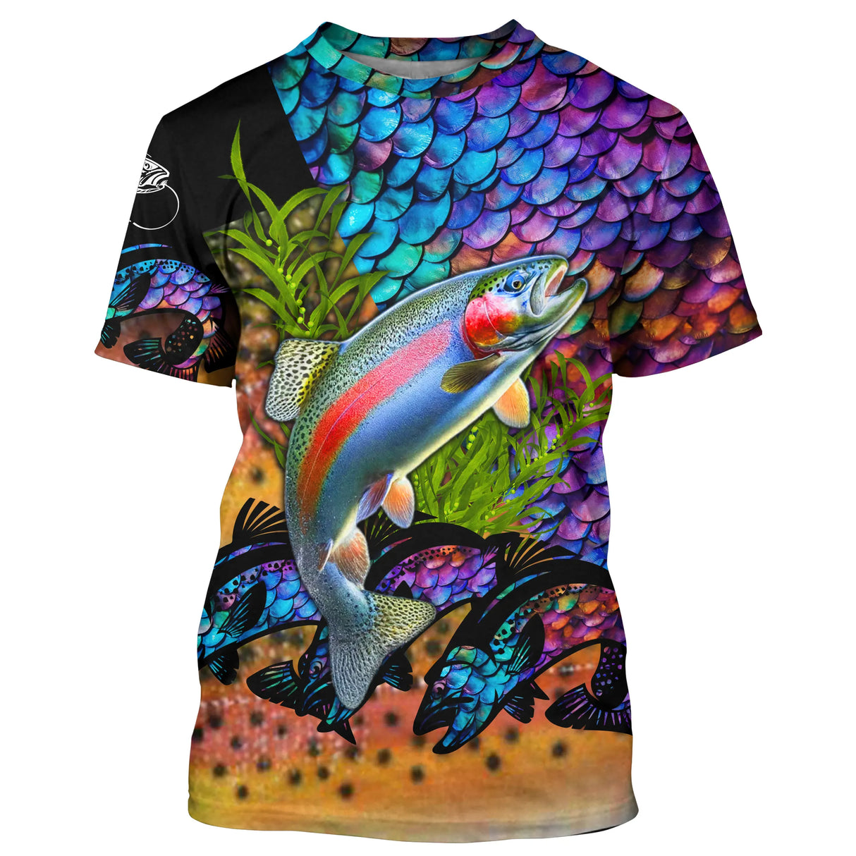 T-shirt all-over peau de truite arc-en-ciel iridescent violet vert orange écailles mouches artificielles, vue de face