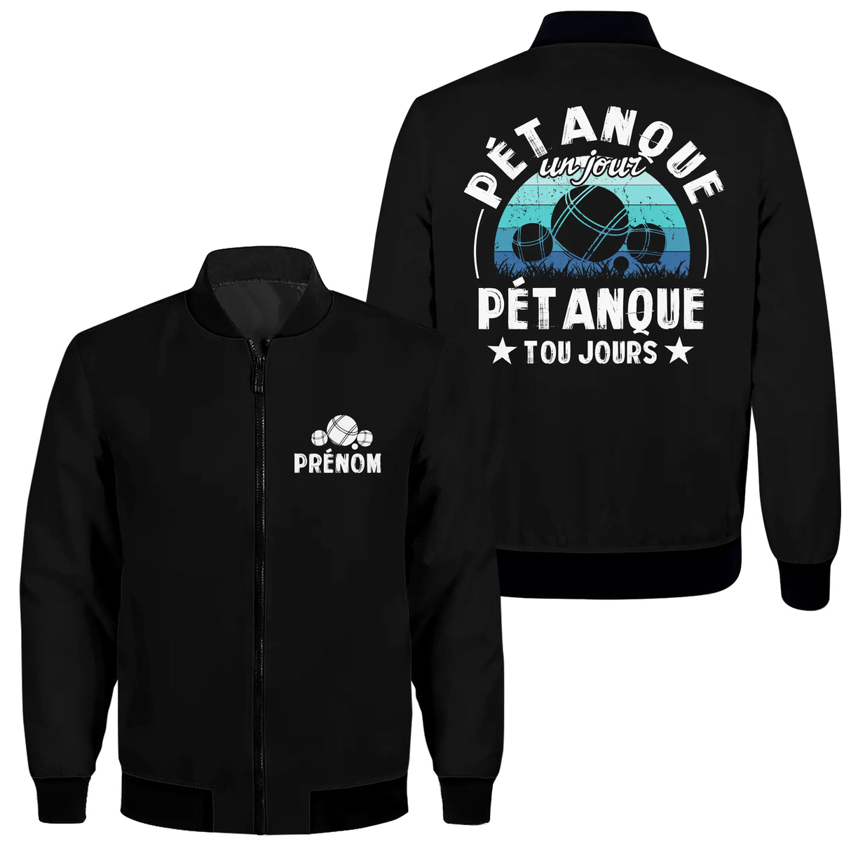 Veste zippée pétanque noire avec slogan Pétanque un jour toujours typographie en blanc