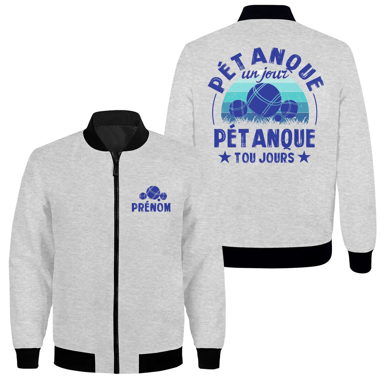 Veste zippée pétanque grise avec slogan Pétanque un jour toujours boules et cadre vintage