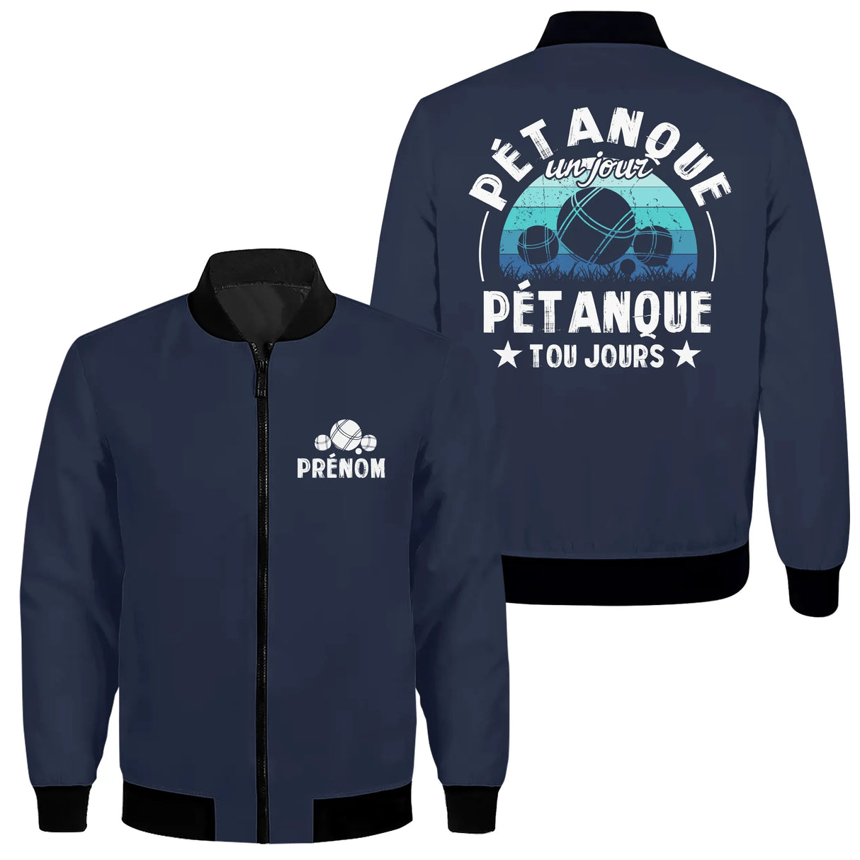 Veste zippée pétanque marine avec slogan Pétanque un jour toujours typographie blanche