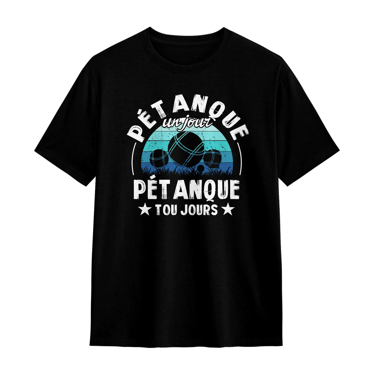 T-shirt pétanque noir avec slogan Pétanque un jour toujours cadre vintage typographie