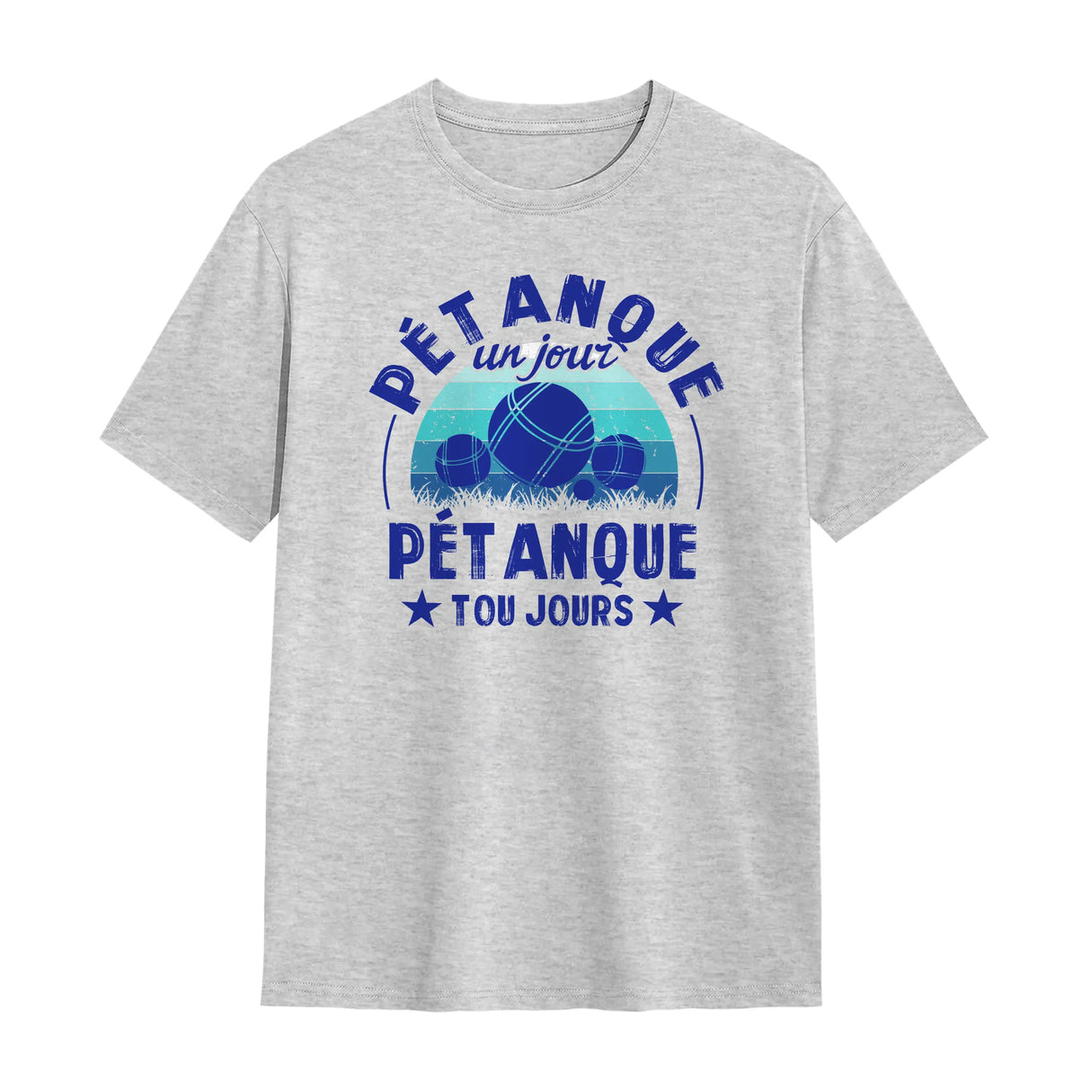 T-shirt pétanque gris avec slogan Pétanque un jour toujours boules stylisées et étoiles