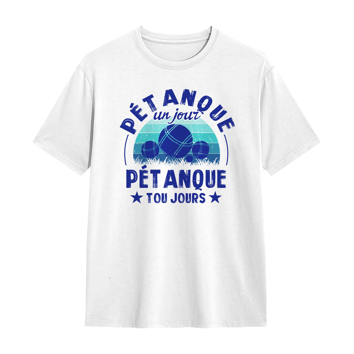 T-shirt pétanque blanc avec slogan Pétanque un jour Pétanque toujours boules et étoiles